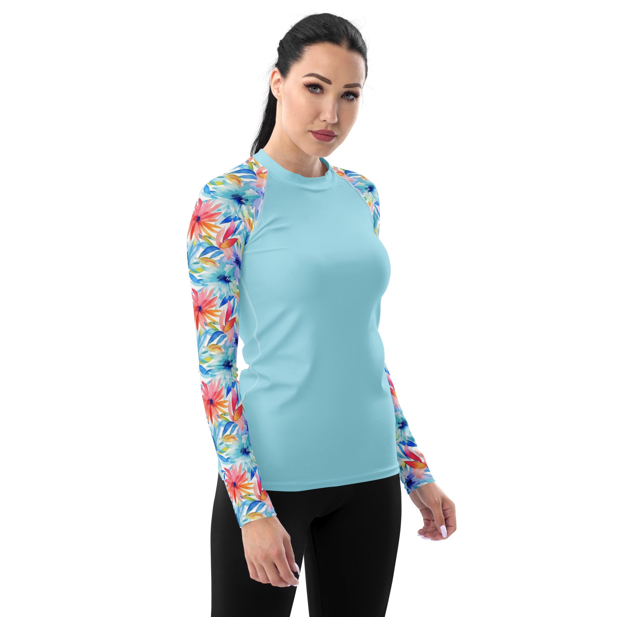 Women's Rash Guard Watercolor flowers Cyan
