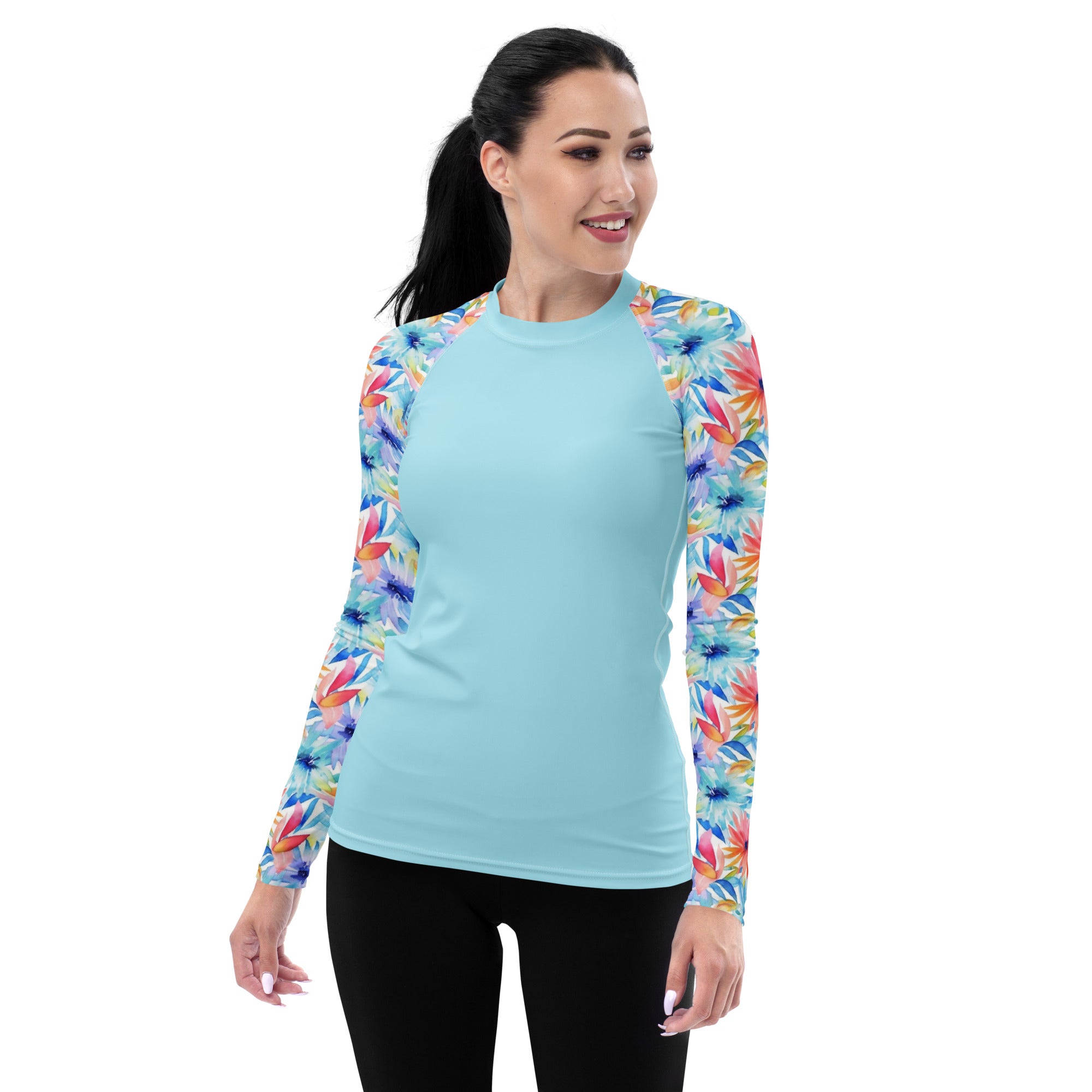 Women's Rash Guard Watercolor flowers Cyan