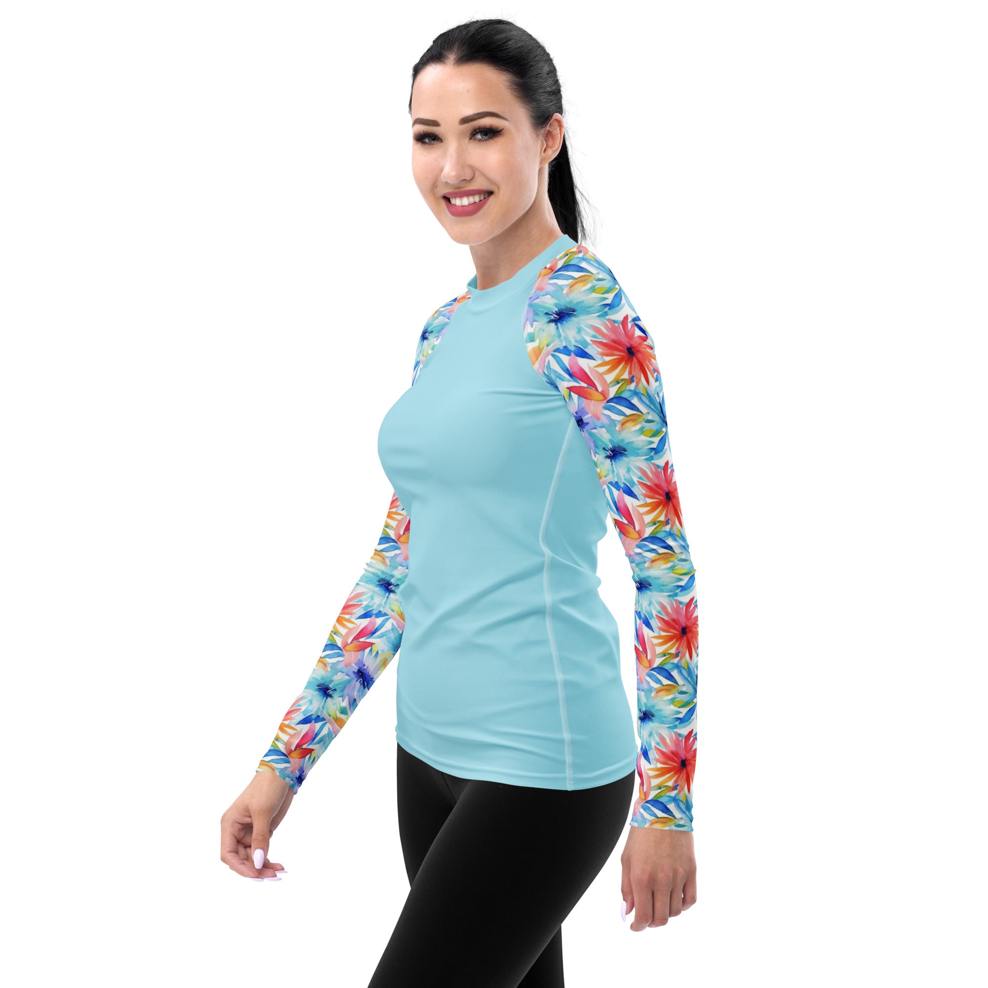 Women's Rash Guard Watercolor flowers Cyan