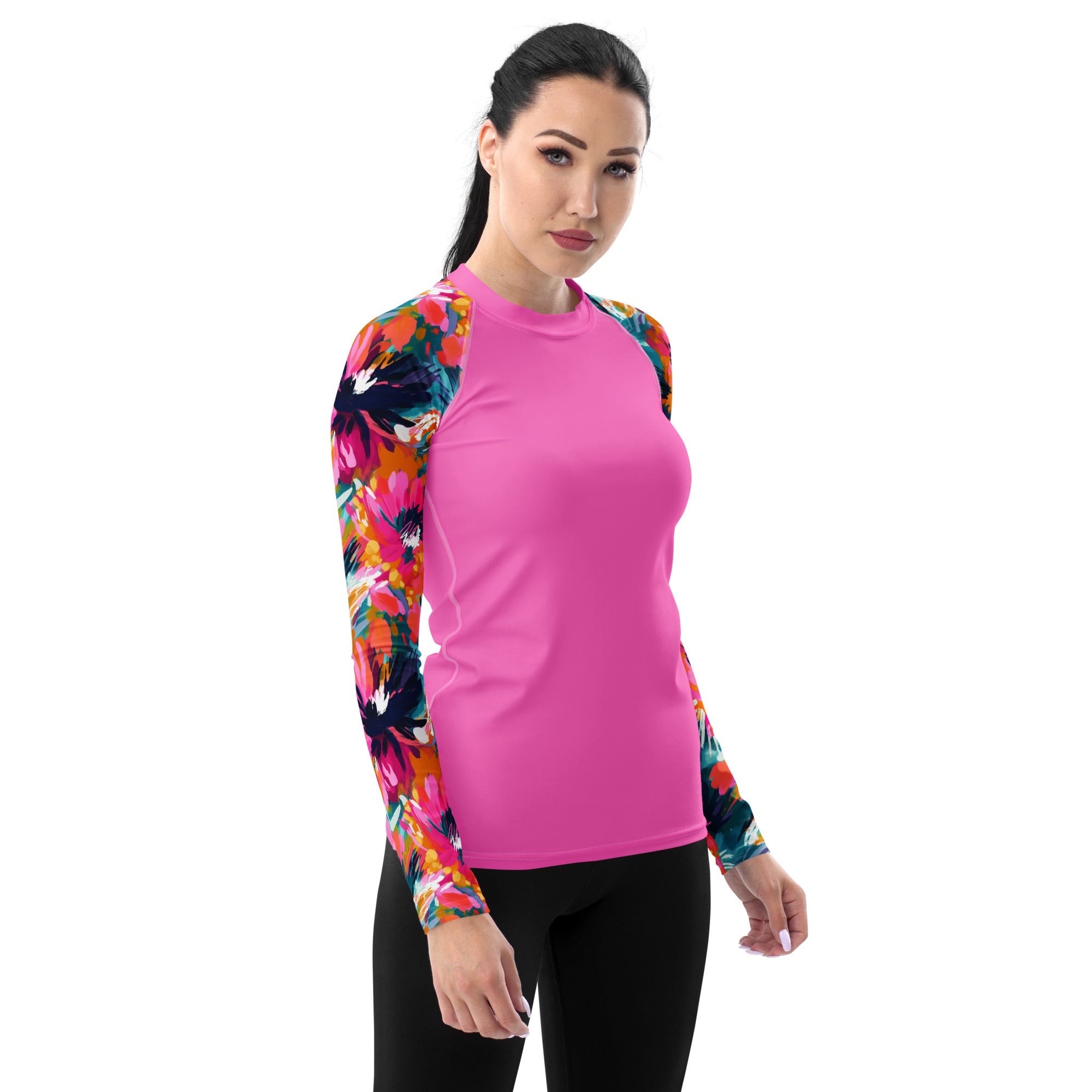 Women's Rash Guard Watercolor flowers Dark Pink