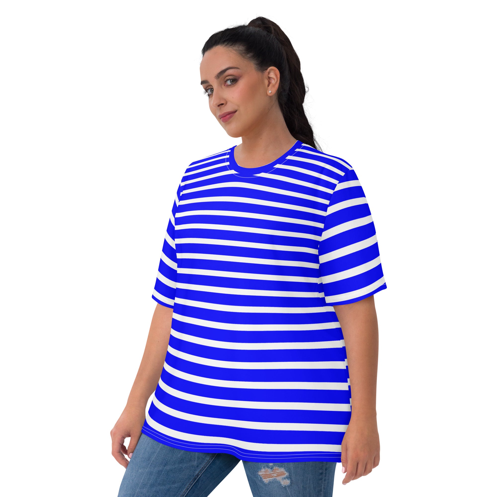 Women's T shirt White and Blue Striped