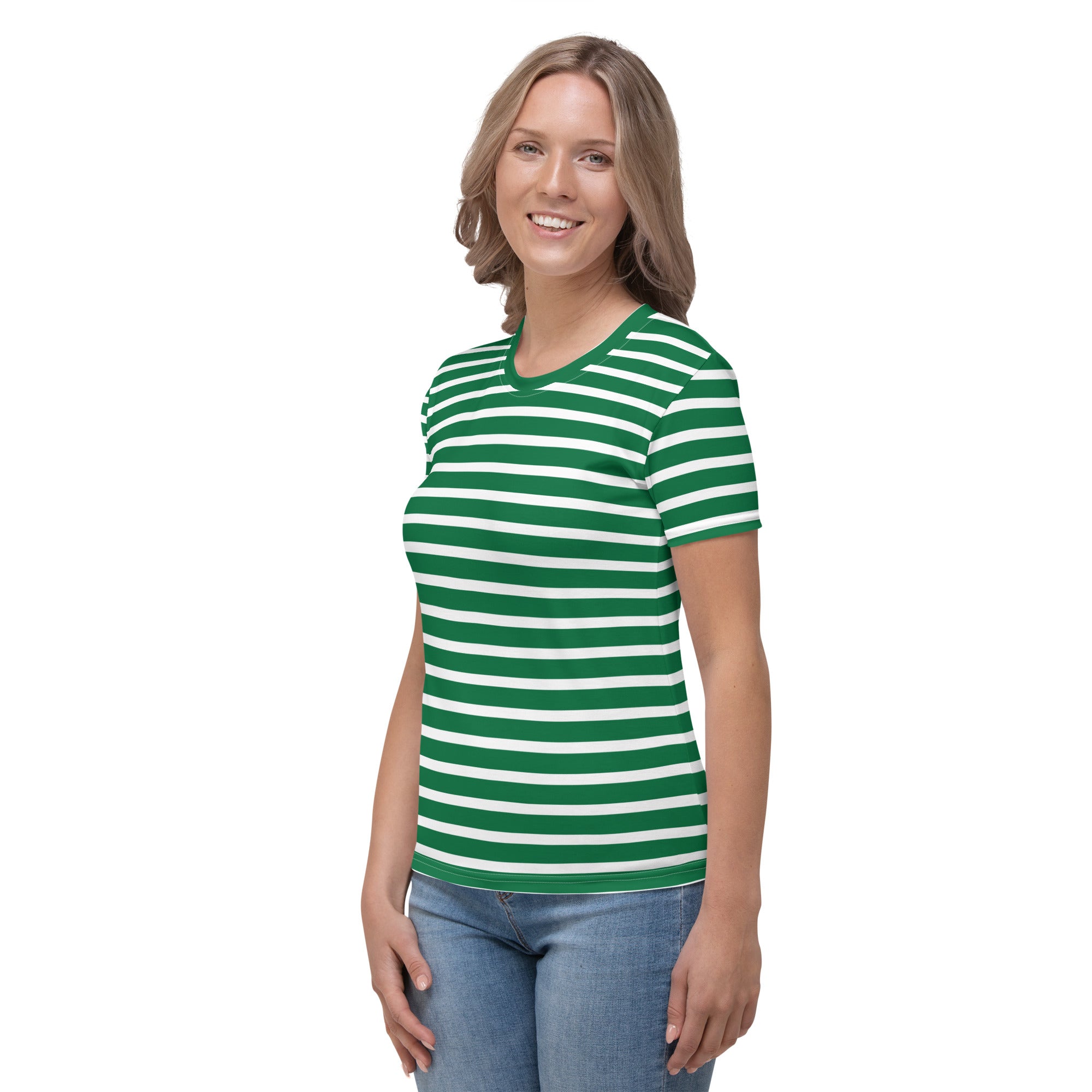 Women's T shirt White and Green Striped