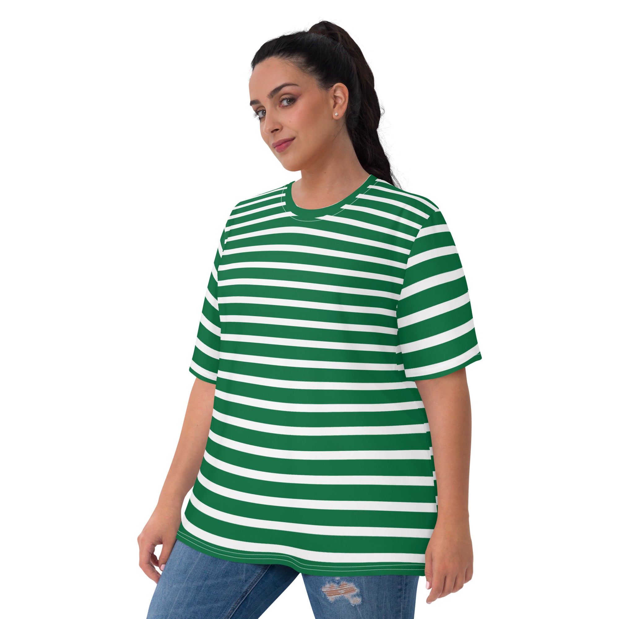 Women's T shirt White and Green Striped