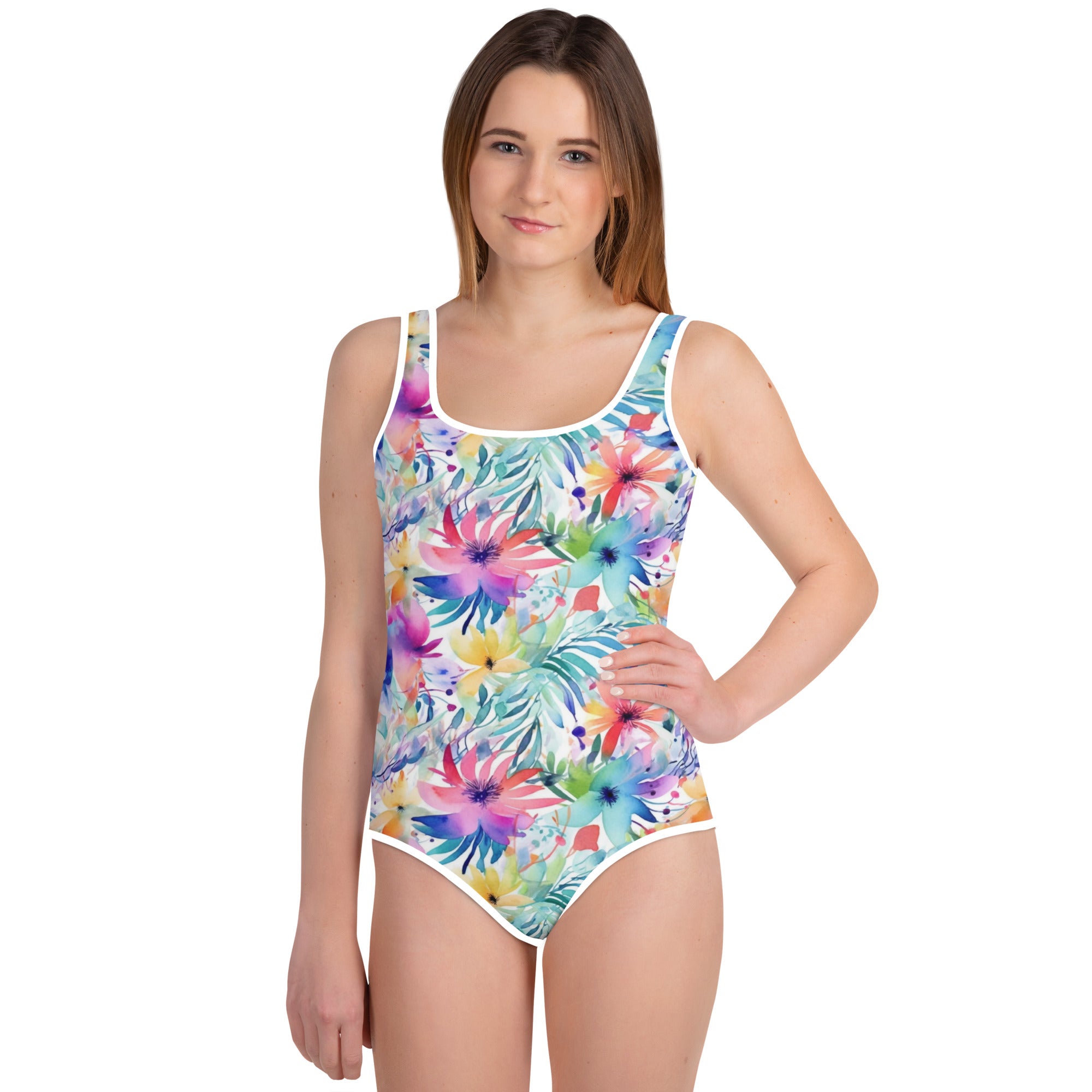 Youth Swimsuit Watercolor summer flowers I